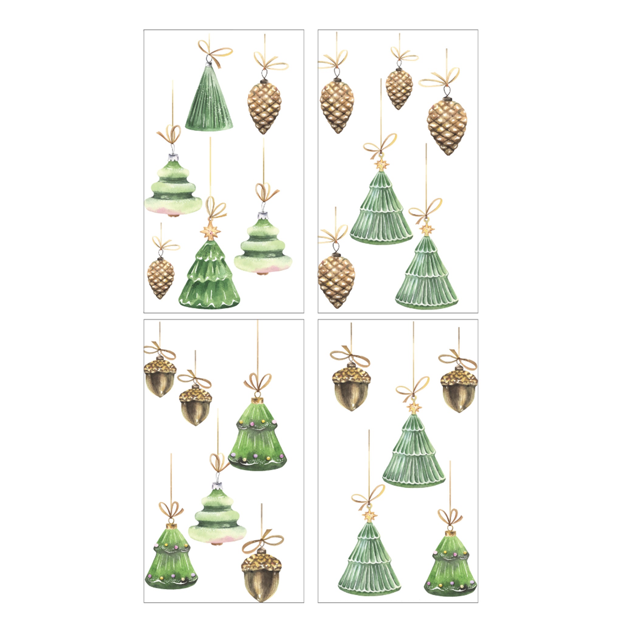 Four sheets of festive holographic water slide transfer designs with baubles, acorns, and Christmas tree ornaments.