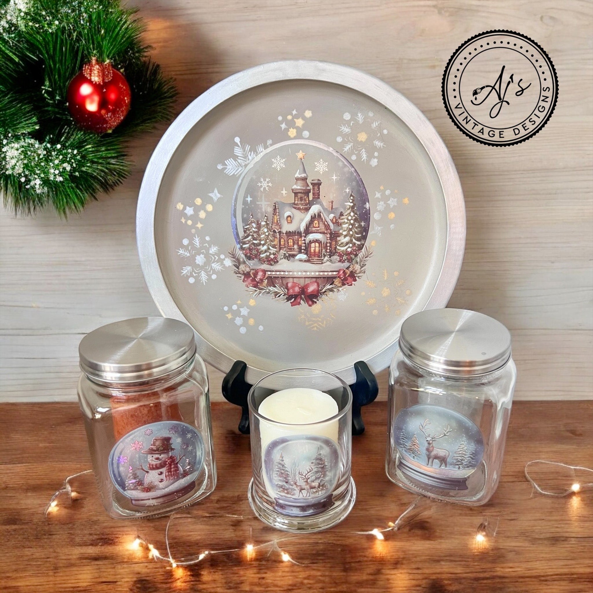 Two glass mason jars, a glass candle holder, and a round wood tray created by AJ's Vintage Designs all feature Belles & Whistles' Snow Globes hologram water slide transfers on them.