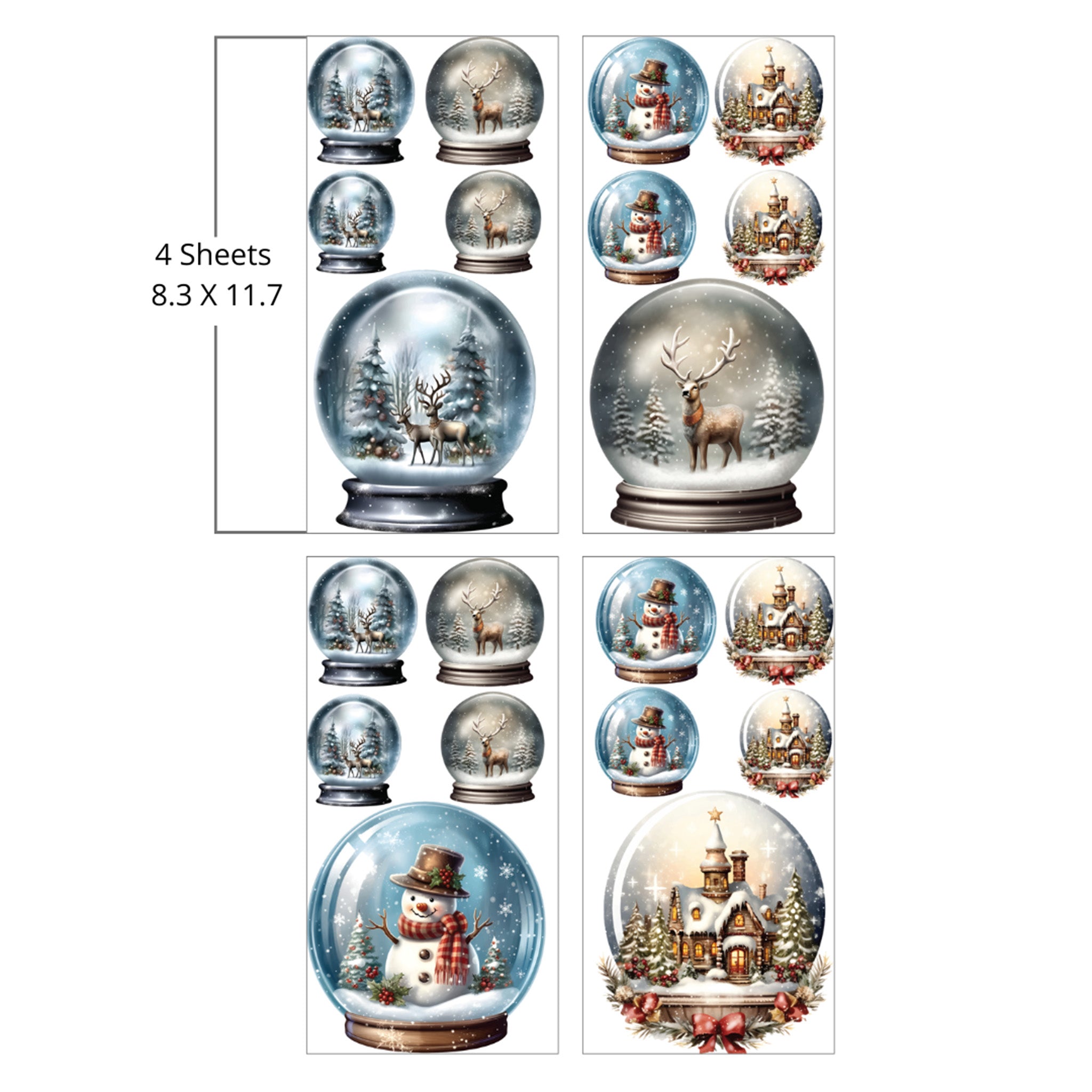 Four sheets of holographic water slides featuring unique designs of snowmen, reindeer, and Christmas cottages inside snow globes are against a white background. Measurements for 1 sheet reads: 8.3" x 11.7".