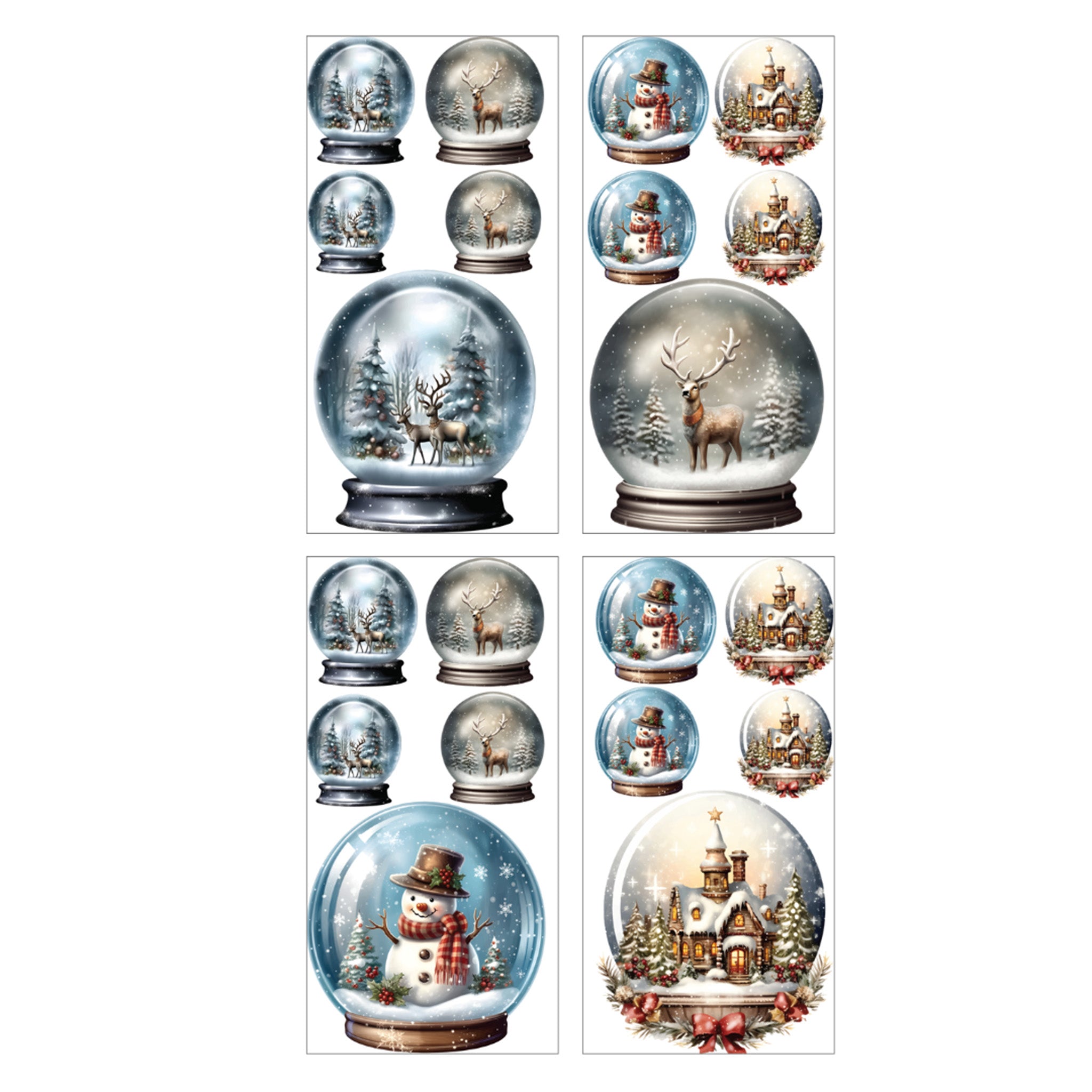 Four sheets of holographic water slides featuring unique designs of snowmen, reindeer, and Christmas cottages inside snow globes are against a white background.