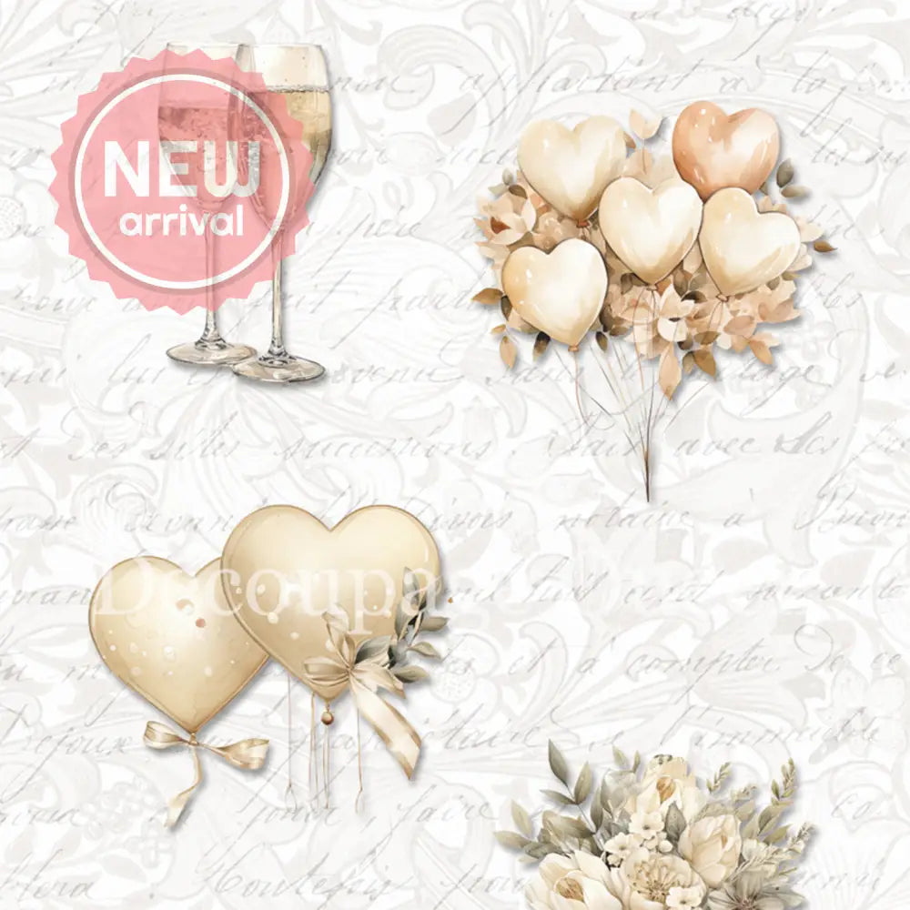 Close-up of a rice paper design that features gold toned images of champagne flutes, a bow, and bouquets of heart balloons and flowers against a white flourish script background.