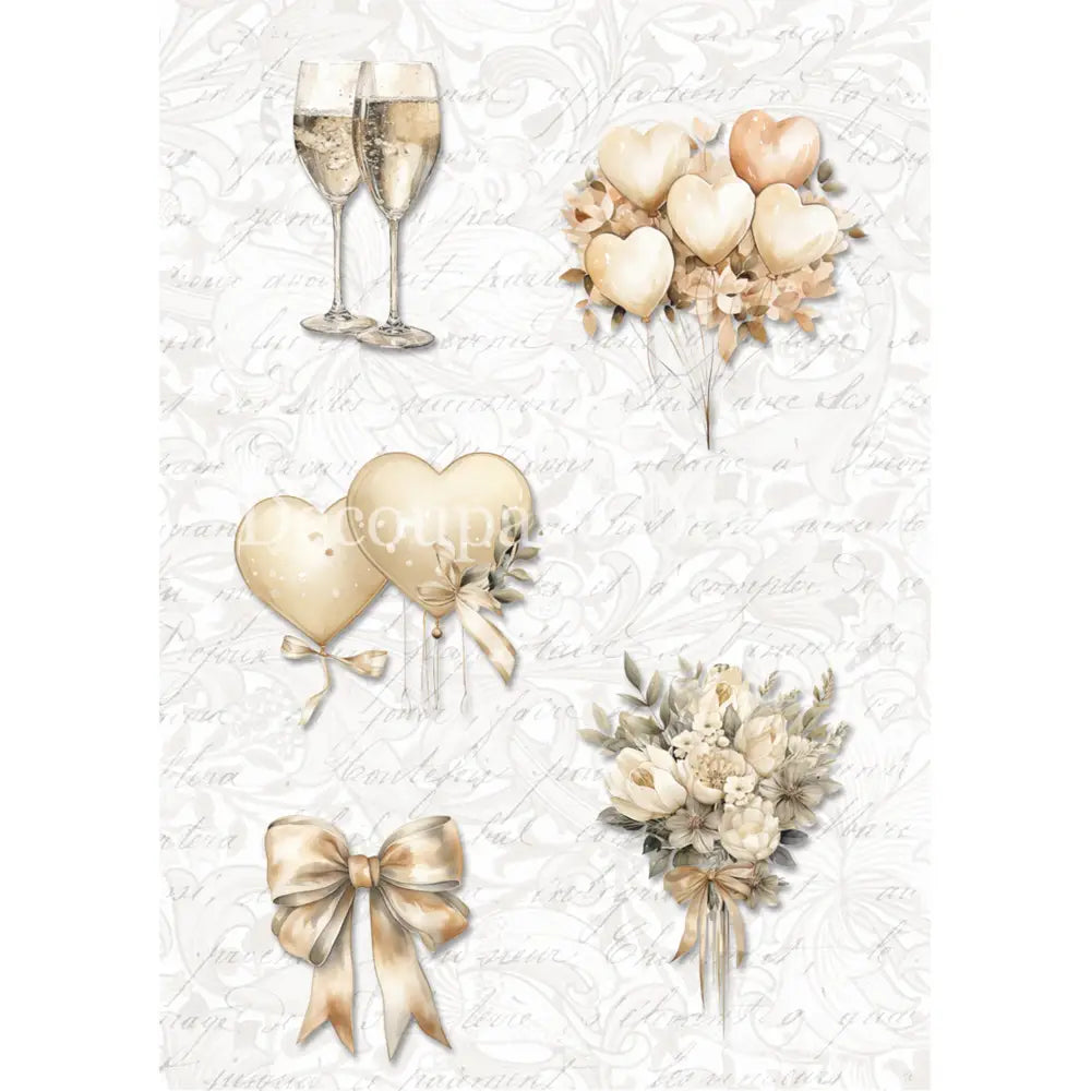 Rice paper design that features gold toned images of champagne flutes, a bow, and bouquets of heart balloons and flowers against a white flourish script background. White borders are on the sides.