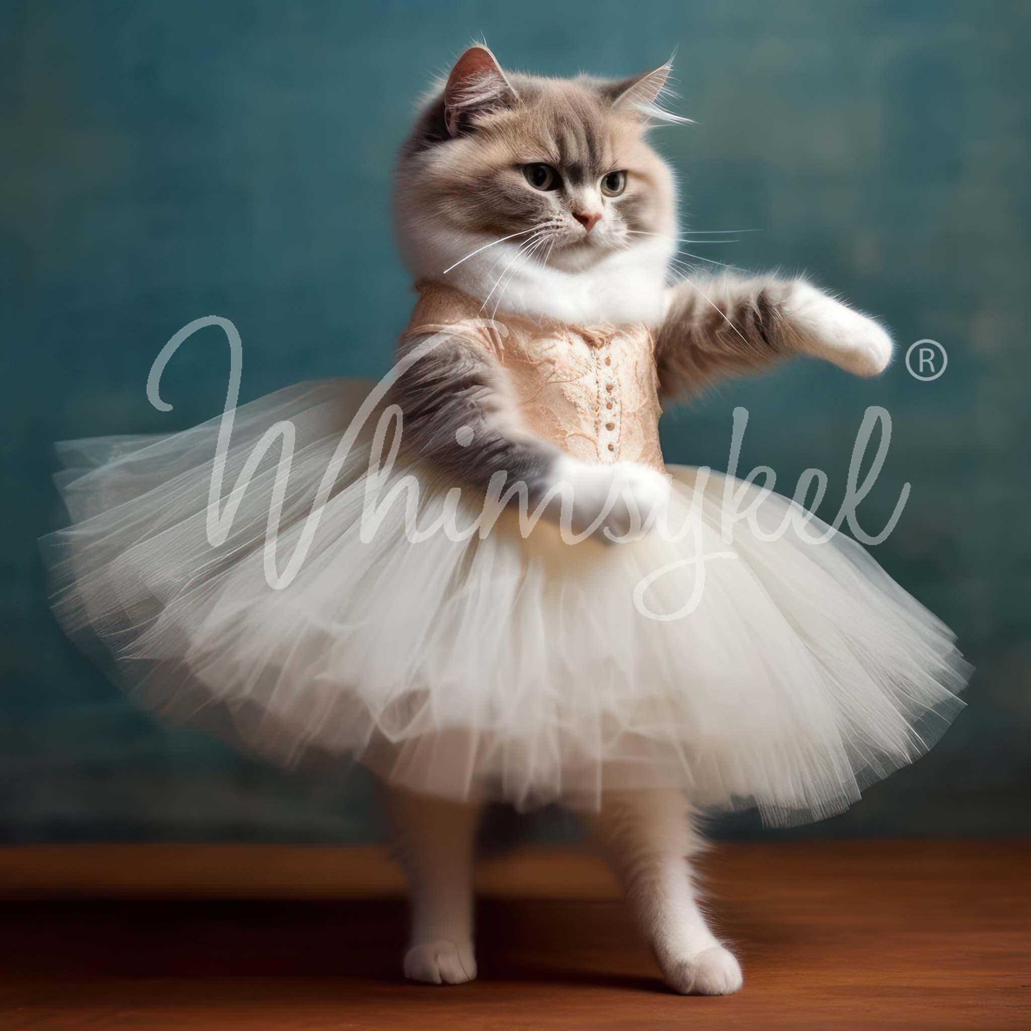 Close-up of a beautiful portrait of a kitten standing up in a tutu.