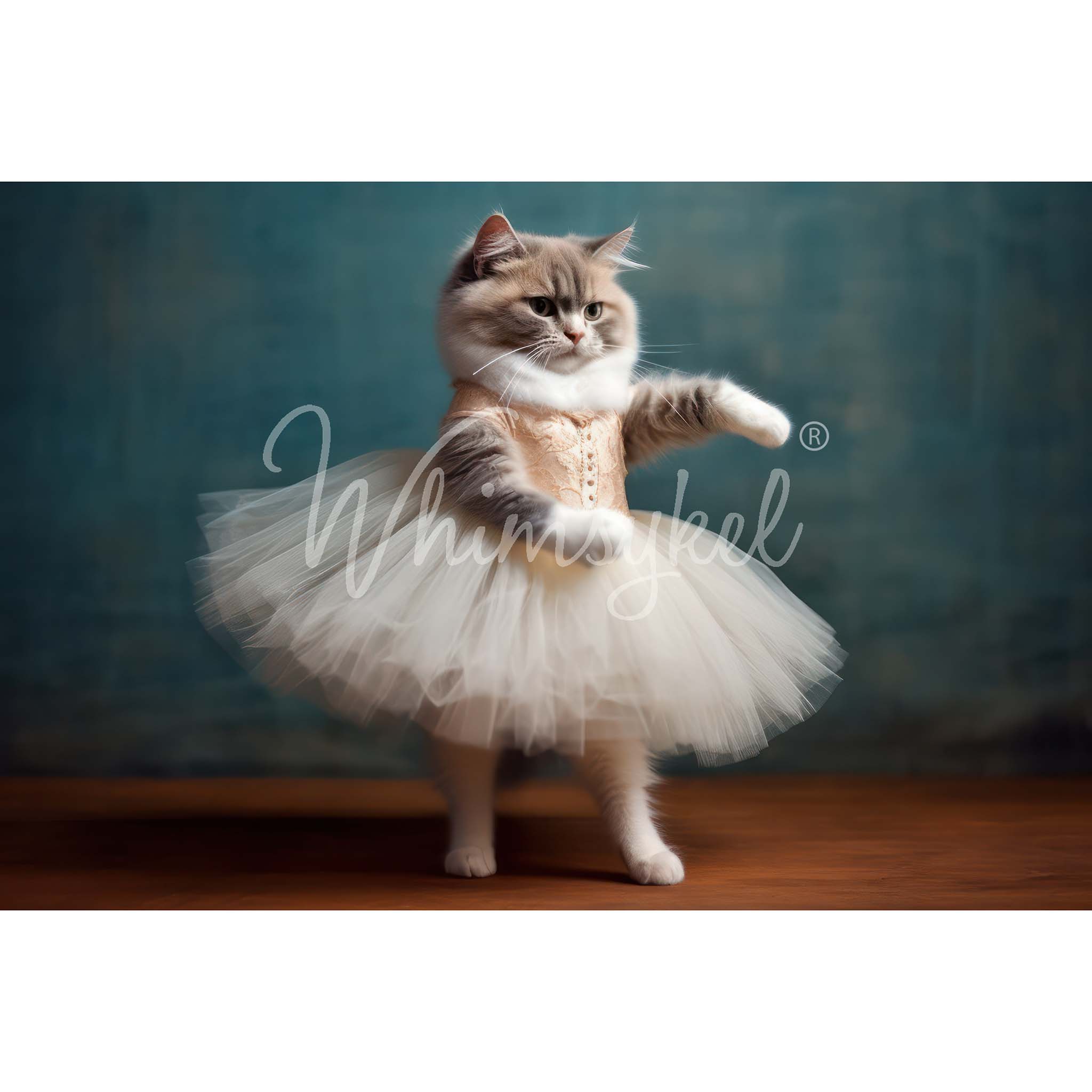 A beautiful portrait of a kitten standing up in a tutu. White borders are on the top and bottom.