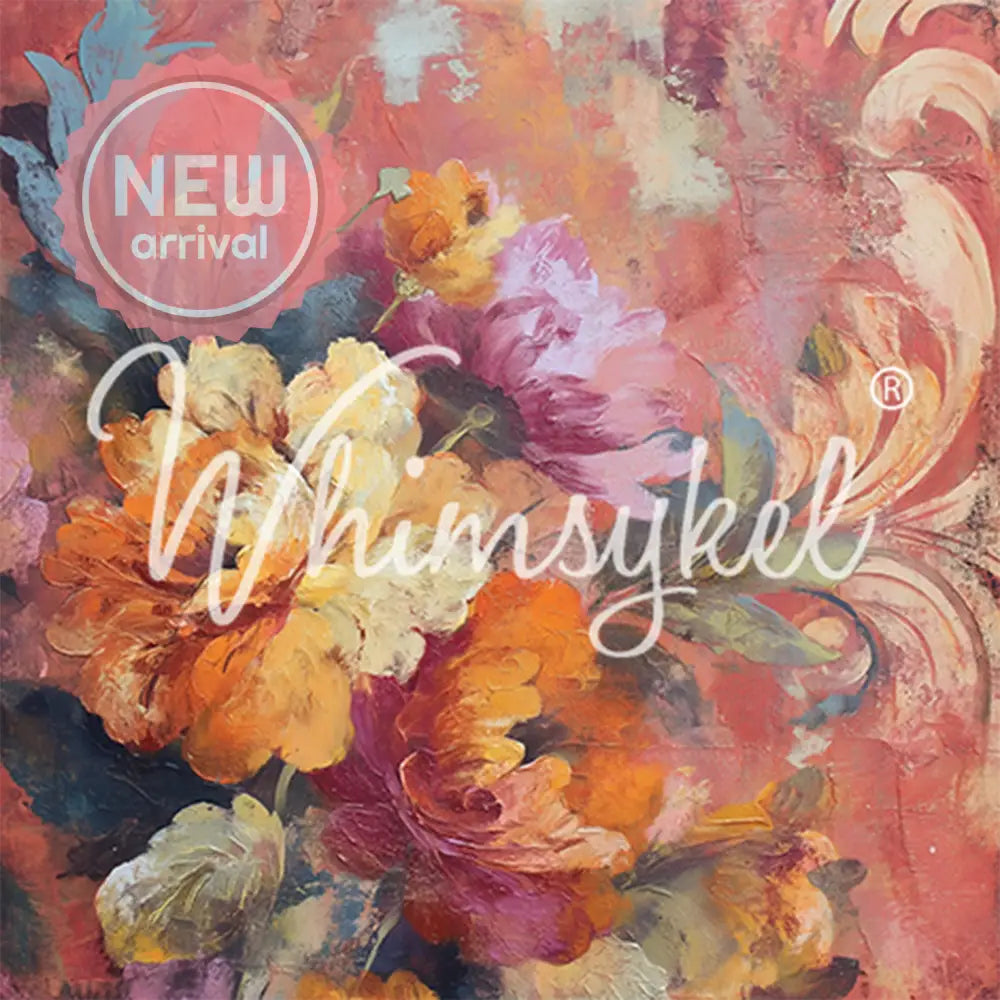 Colorful floral arrangement with 'Whimsyfeel' logo on a textured background