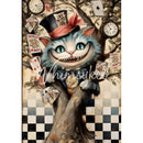 Full sheet Whimsykel Chester 21x29 tissue decoupage paper for furniture, whimsical grinning cat with playing cards, clocks, checkerboard background