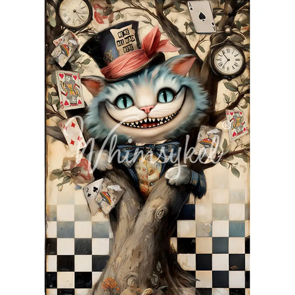 Full sheet Whimsykel Chester 21x29 tissue decoupage paper for furniture, whimsical grinning cat with playing cards, clocks, checkerboard background