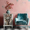 Whimsykel Chester 21x29 tissue decoupage paper applied to cabinet in room mockup, whimsical cat furniture makeover