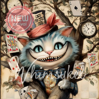 Whimsykel Chester tissue decoupage paper closeup, grinning blue cat in top hat with playing cards and clocks, furniture decoupage