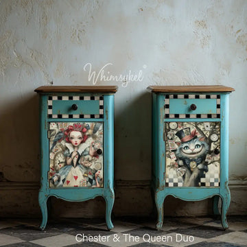 Two turquoise nightstands showing Whimsykel Chester & The Queen 21x29 tissue decoupage paper applied to drawer fronts with black-and-white checkered trim