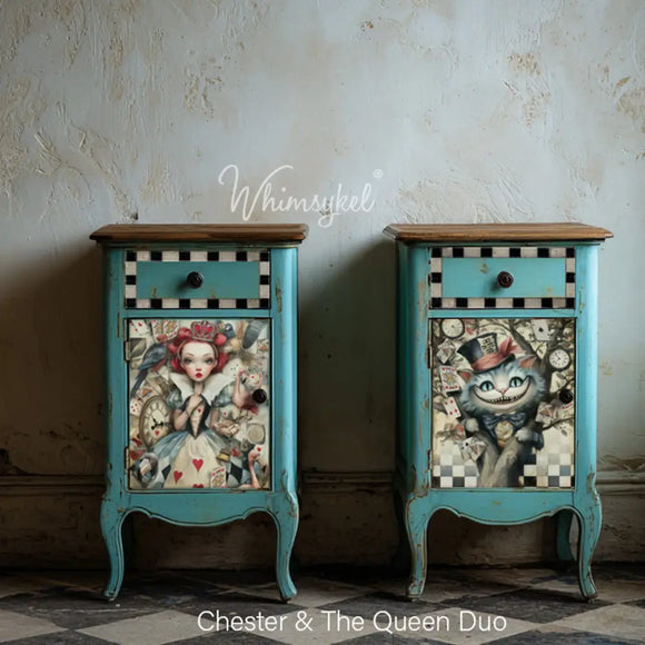 Two turquoise nightstands showing Whimsykel Chester & The Queen 21x29 tissue decoupage paper applied to drawer fronts with black-and-white checkered trim