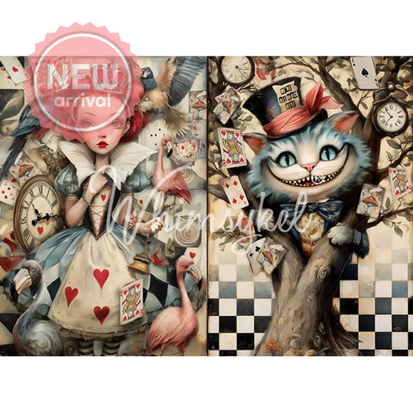 Whimsykel Chester & The Queen 21x29 tissue decoupage paper for furniture with Queen of Hearts portrait, grinning Cheshire cat, playing cards, clocks, and checkerboard