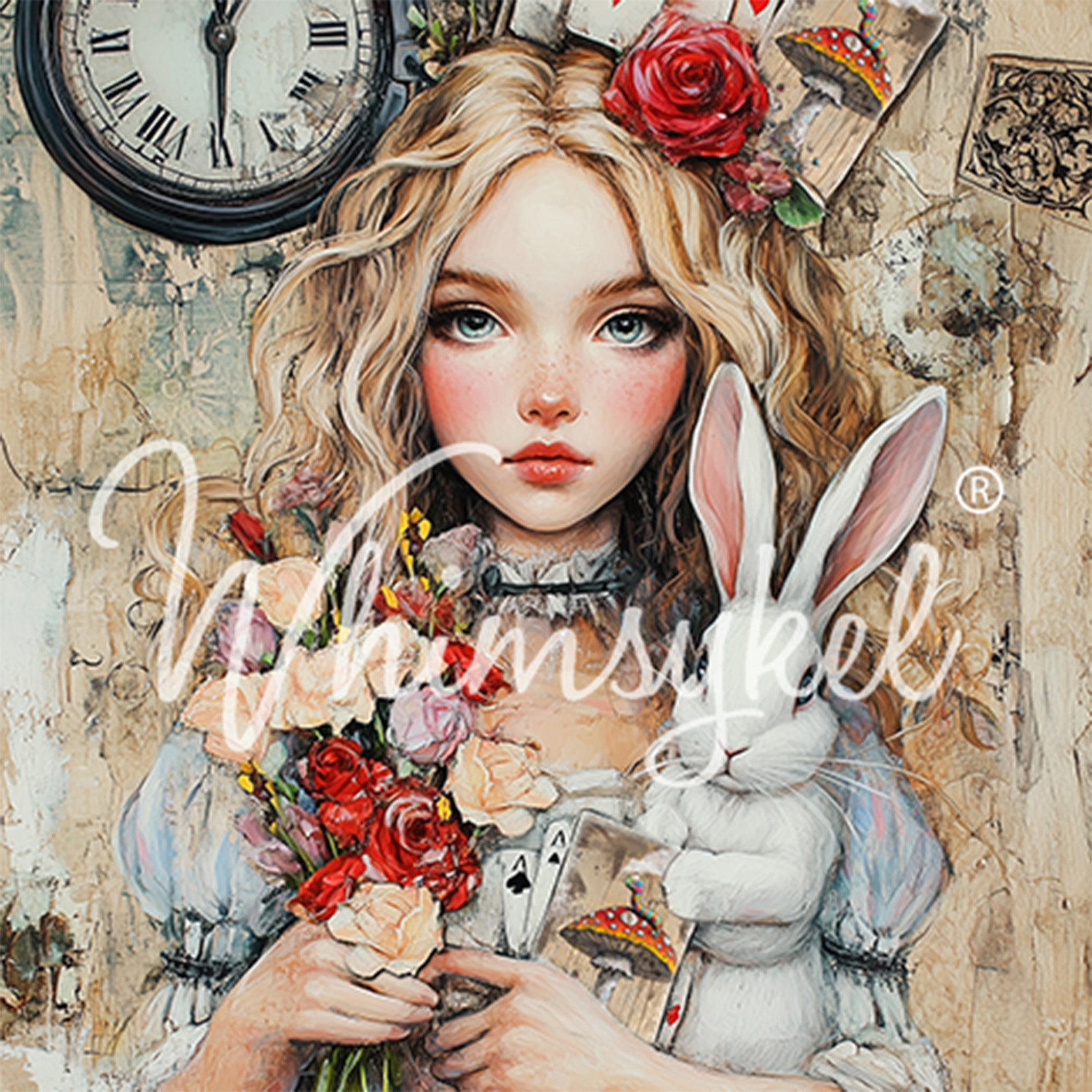 Close-up of a tissue paper design featuring Allison holding a rabbit, red roses, and cards and is surrounded by more cards, roses, and a clock. 