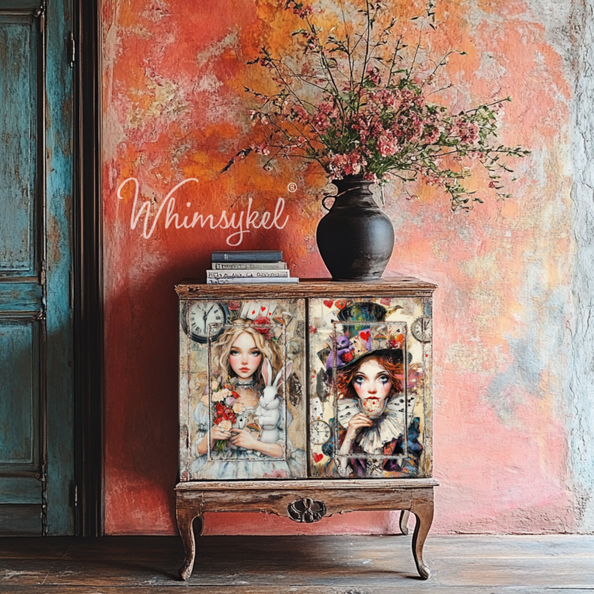 A vintage 2-door bar cabinet features Whimsykel's Allison Wonderland and Mattie Hadder Duo tissue paper on the doors.