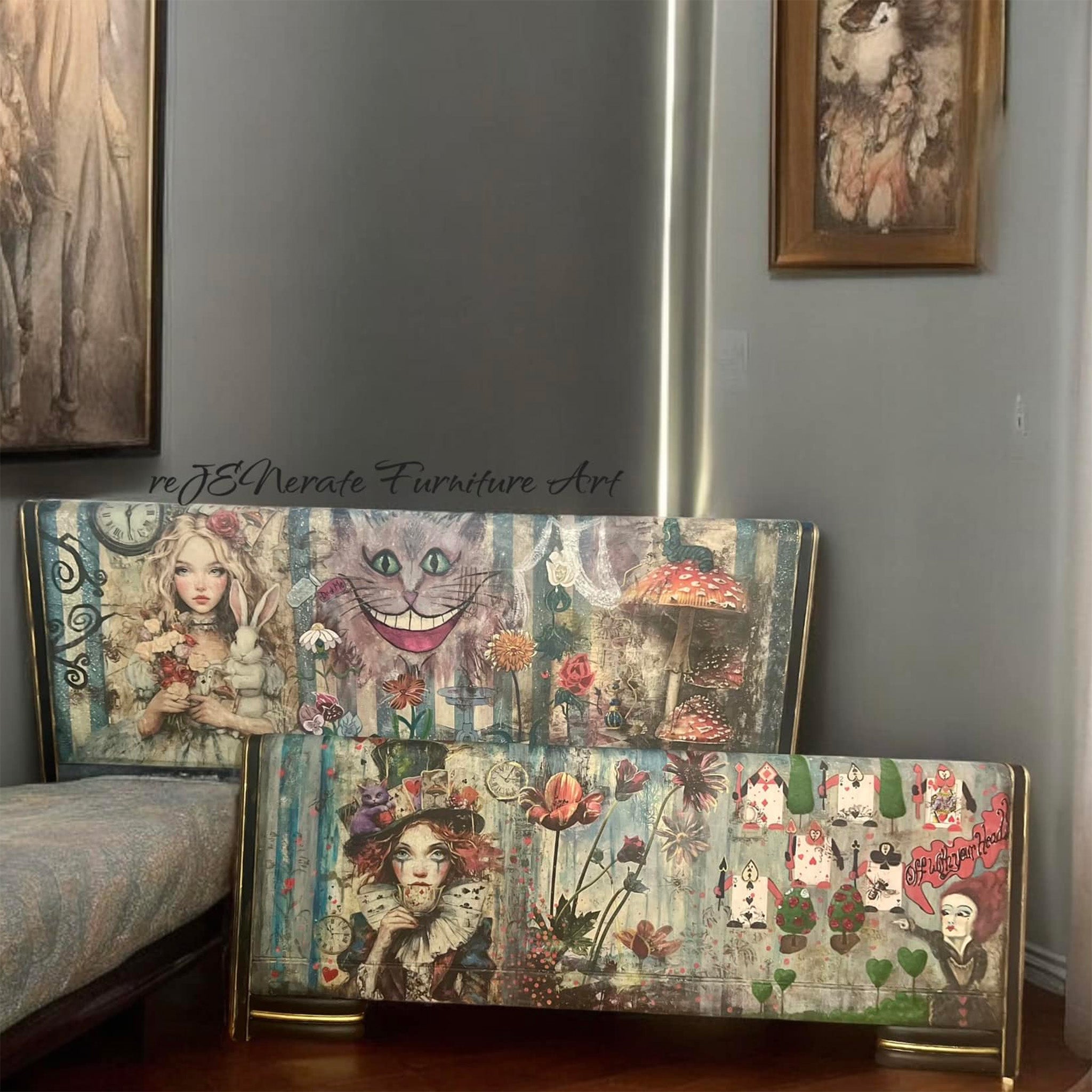 Two rectangular crafts created by ReJENerate Furniture Art feature Whimsykel's Allison Wonderland & Mattie Hadder Duo tissue paper on them.