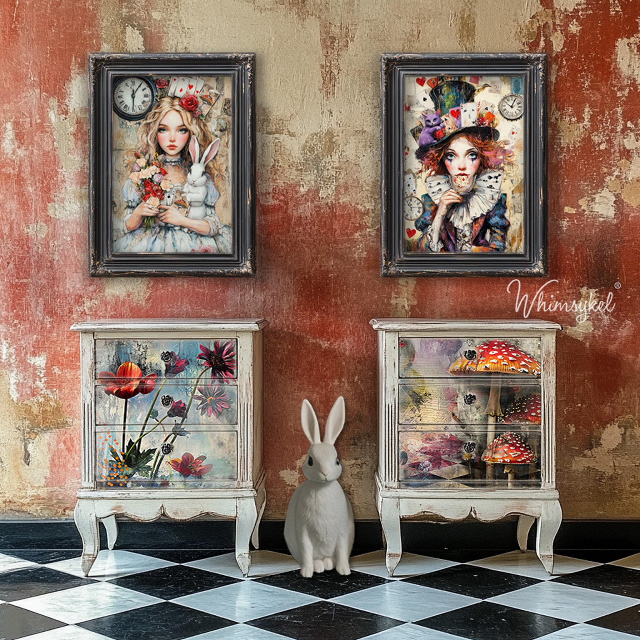 Two picture frames featuring Whimsykel's Allison Wonderland and Mattie Hadder Due tissue paper are hanging above 2 white 3-drawer dressers with Wonderland inspired designs on the drawers.