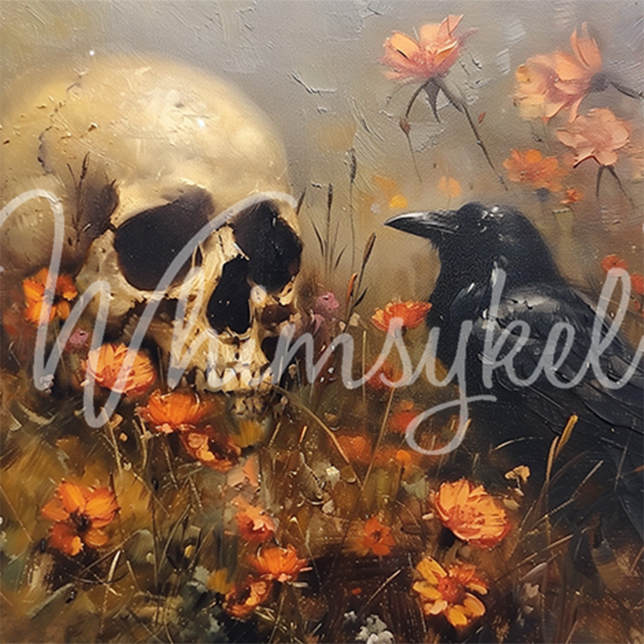 Close-up of a tissue paper design featuring a misty field of orange flowers and dark elements like a skull and raven. 