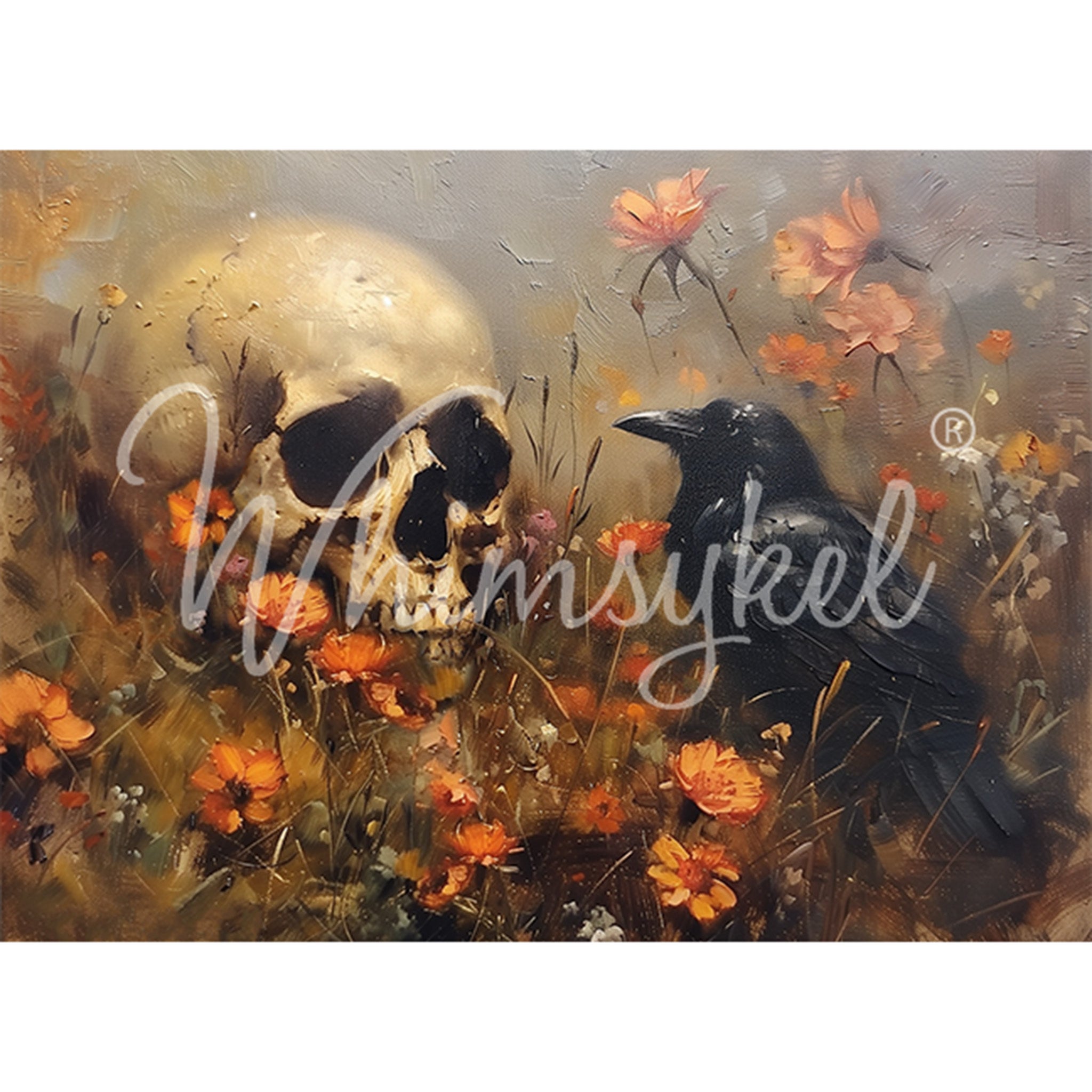 Tissue paper design featuring a misty field of orange flowers and dark elements like a skull and raven. White borders are on the top and bottom.