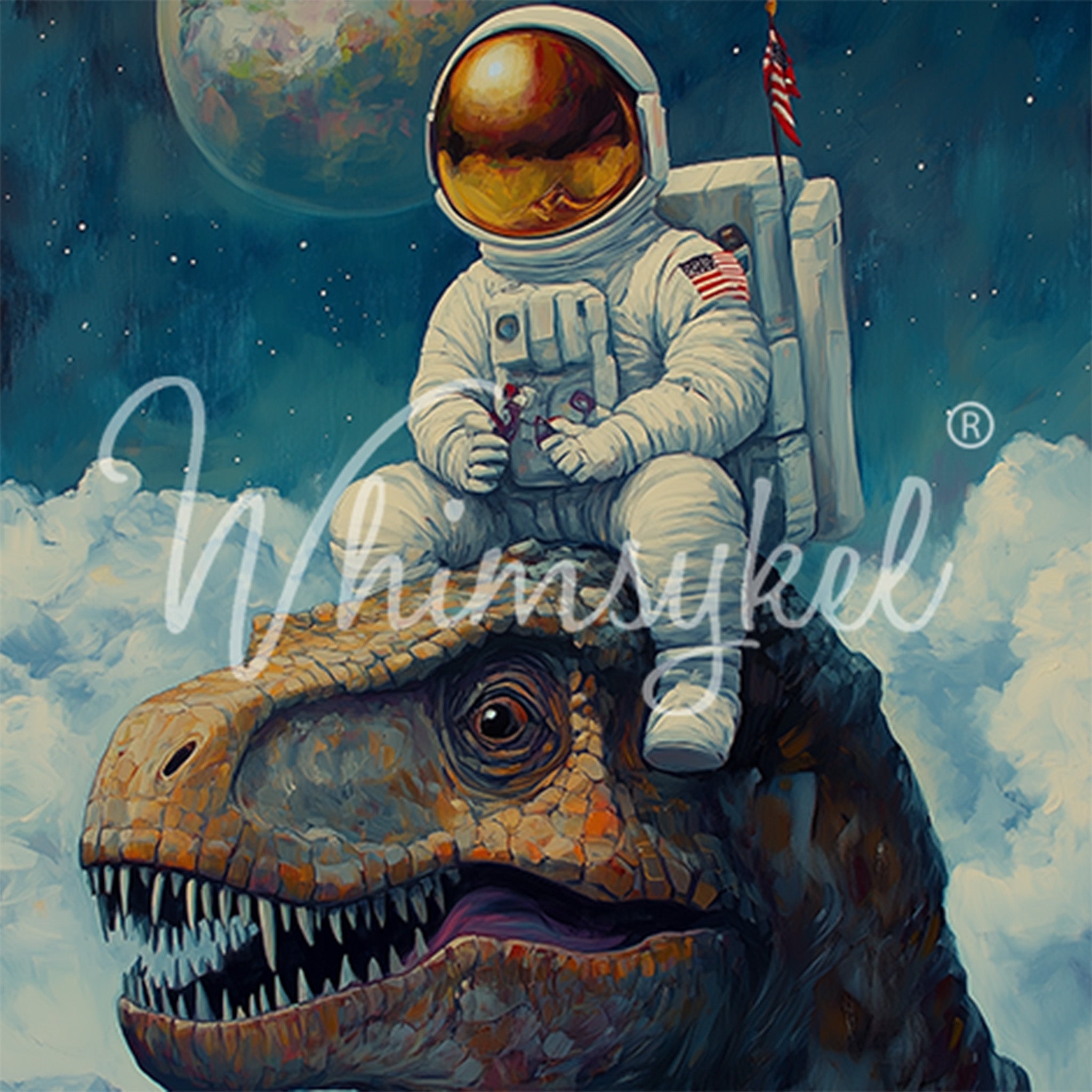 Close-up of a tissue paper design featuring an astronaut riding on a t-rex dinosaur head against a background of clouds, a full moon, and a dark starry sky. 