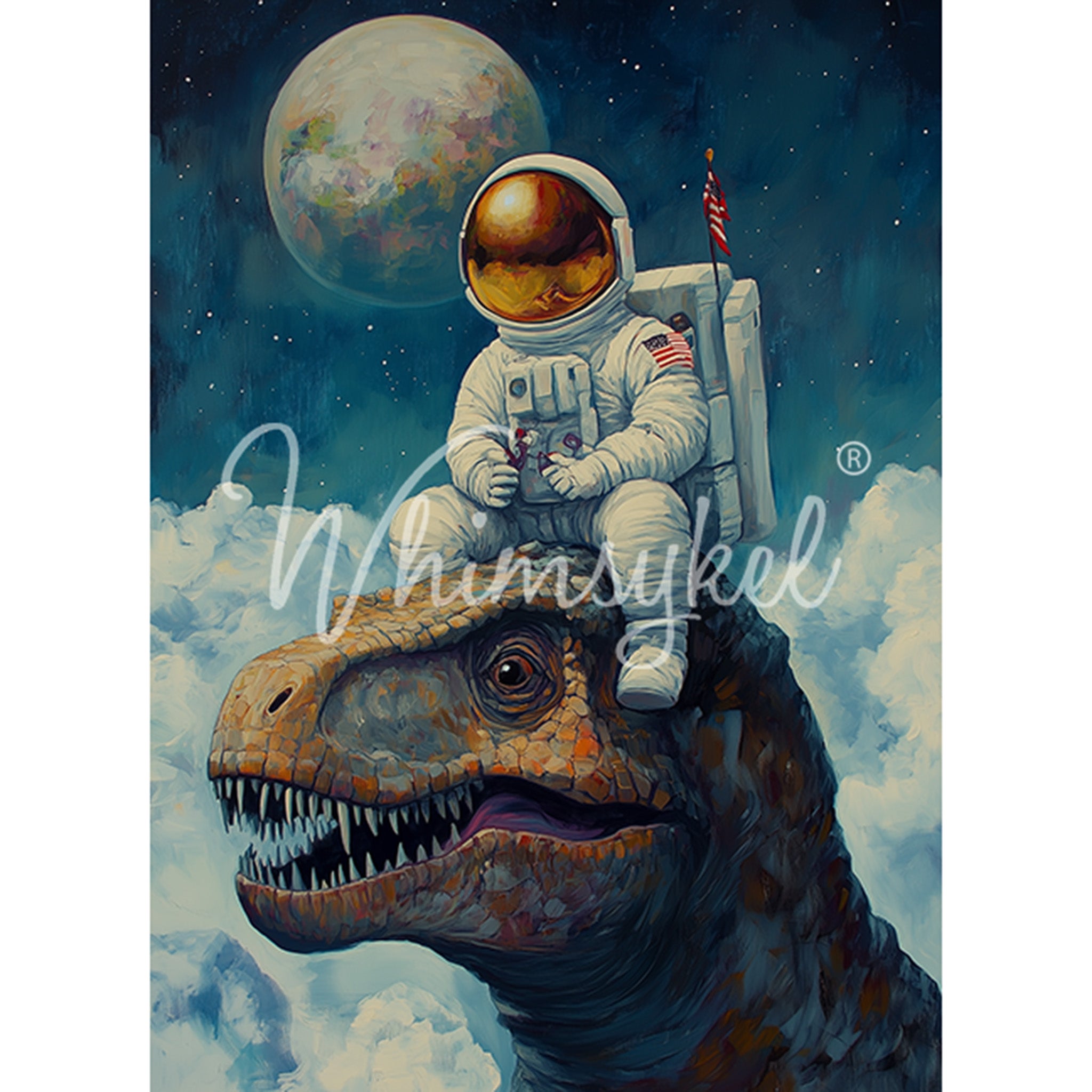 Tissue paper design featuring an astronaut riding on a t-rex dinosaur head against a background of clouds, a full moon, and a dark starry sky. White borders are on the sides.