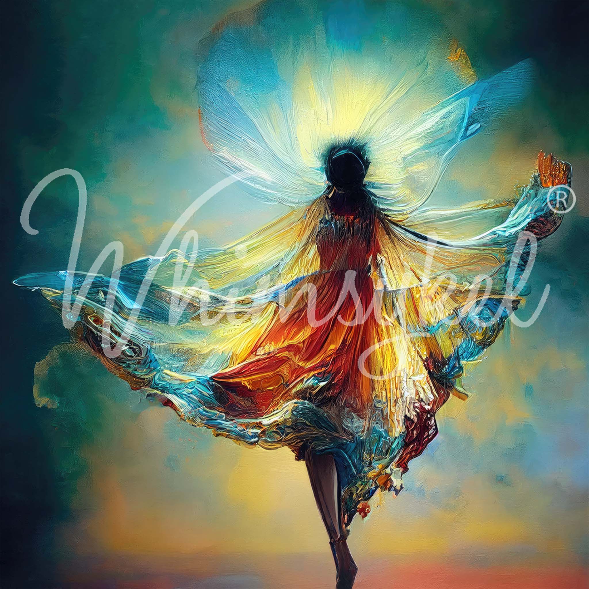 Close-up of a tissue paper that features an ethereal fairy dancer, embodying the shimmering hues of the Aurora Borealis and the vibrant energy of chakra hues.