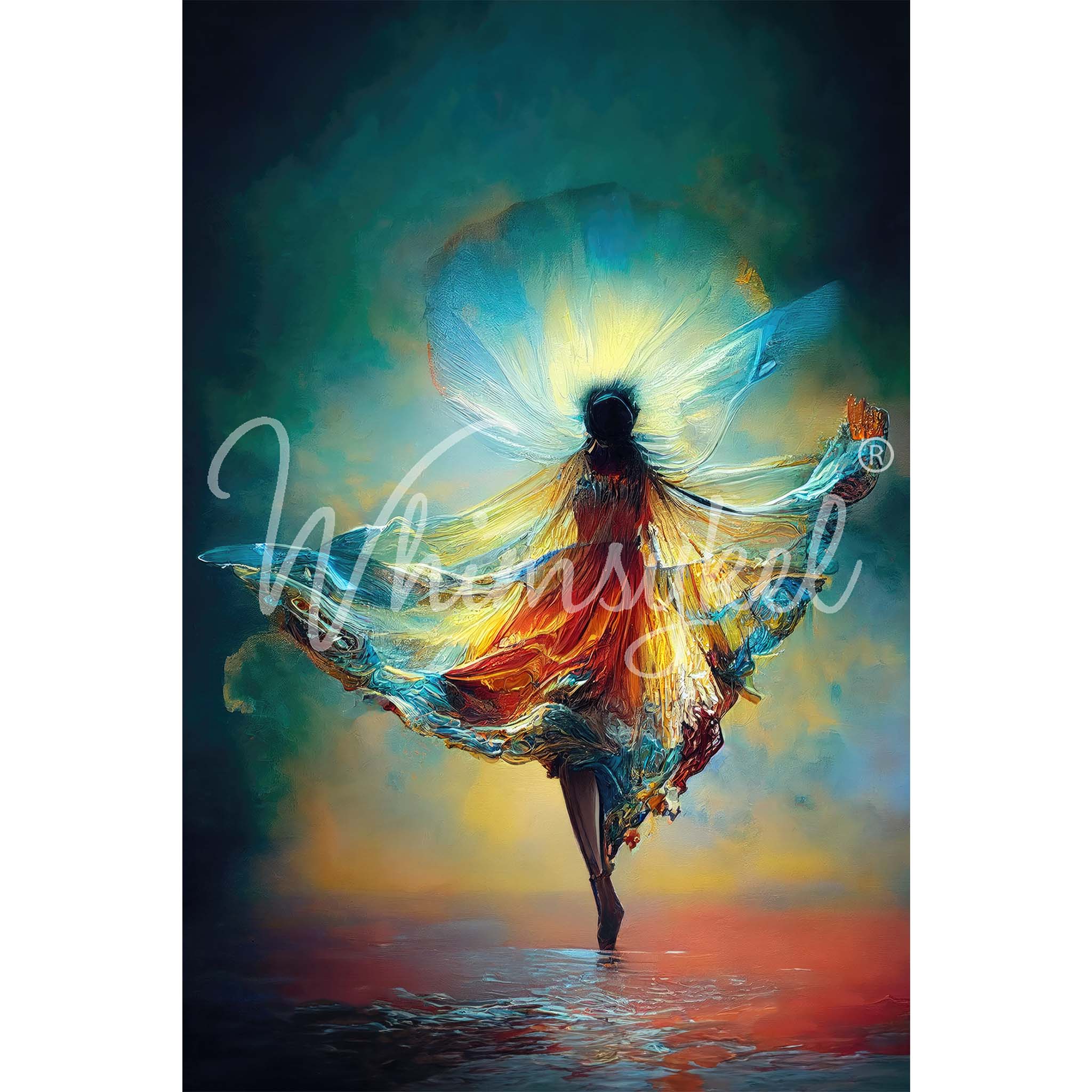 Tissue paper that features an ethereal fairy dancer, embodying the shimmering hues of the Aurora Borealis and the vibrant energy of chakra hues. White borders are on the sides.