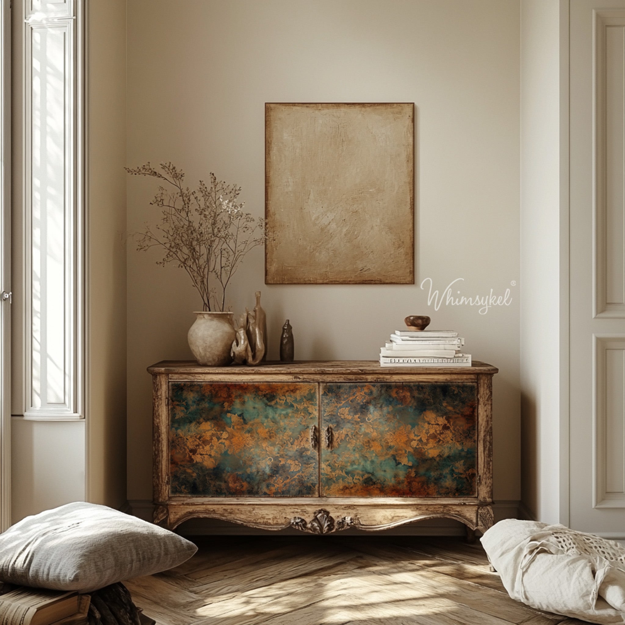 A vintage console table with 2 door storage is painted light brown that is weathered and features Whimsykel's Baroque Patina tissue paper on the doors.