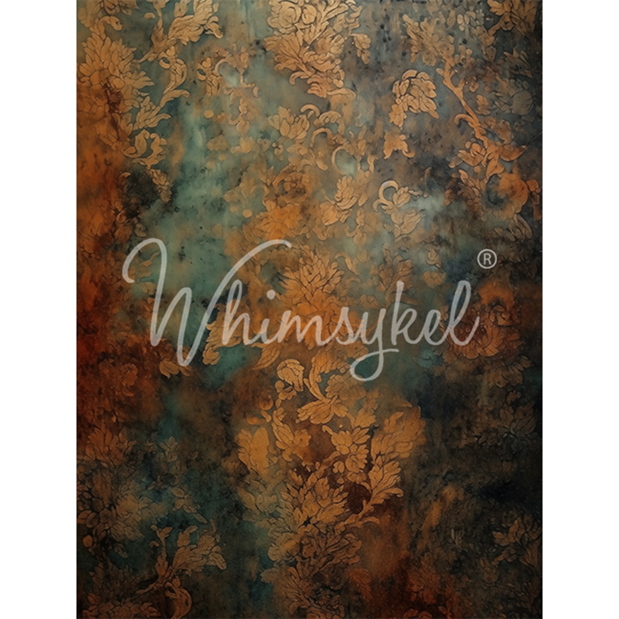 Tissue paper design featuring a dark patina foliage design. White borders are on the sides.