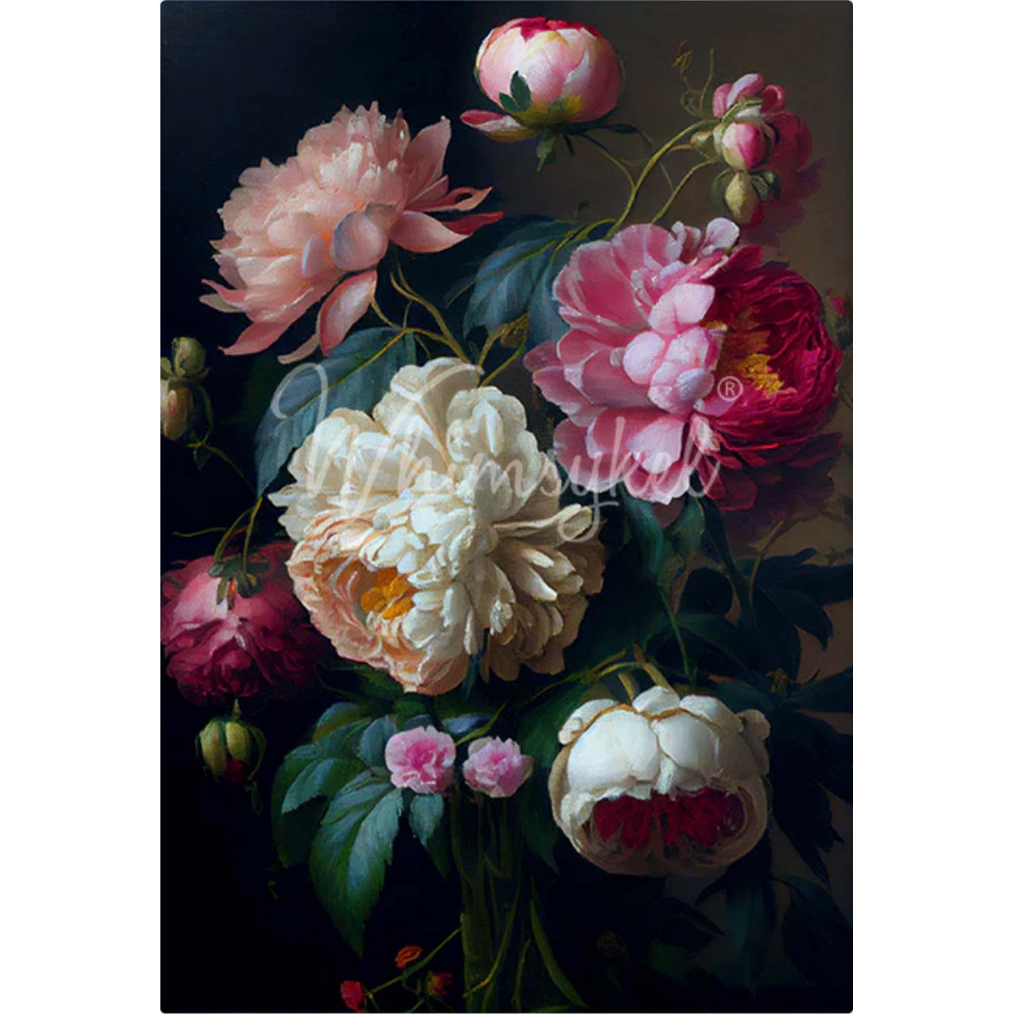 Tissue paper design that features a bouquet of large, colorful peonies and dainty pink roses against a dark moody background. White borders are on the sides.