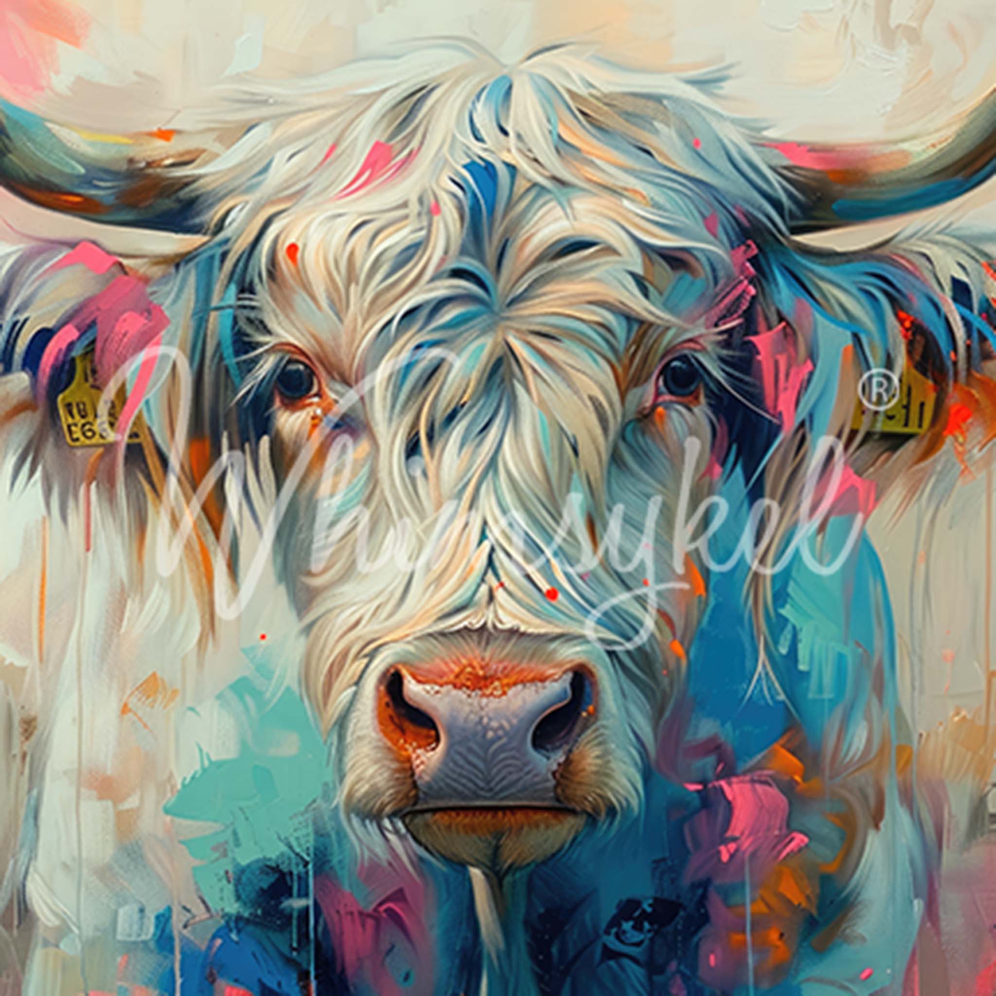 Close-up of a tissue paper that features a stunning white longhorn cow whose design exudes a canvas-like quality.