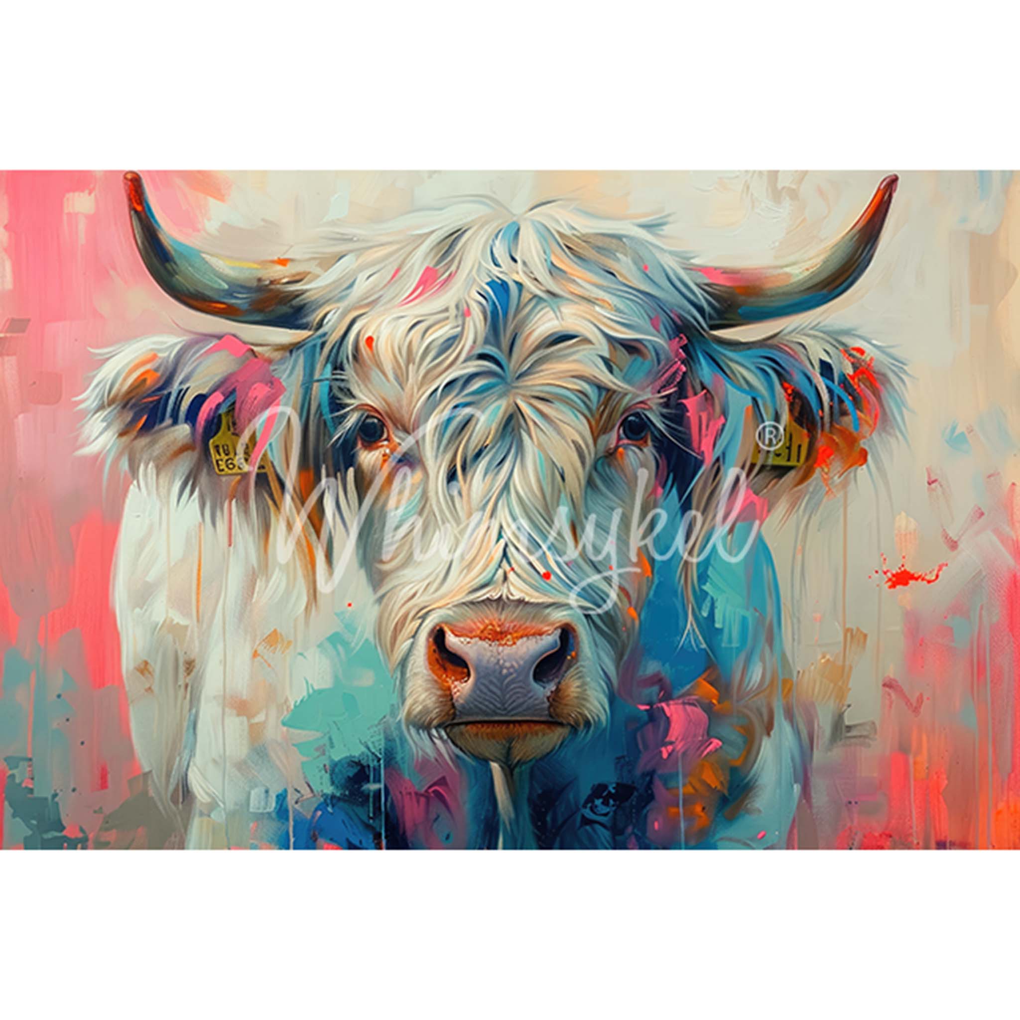 A tissue paper that features a stunning white longhorn cow whose design exudes a canvas-like quality. White borders are on the top and bottom.