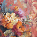 Colorful floral arrangement with 'Whimsyfeel' logo on a textured background