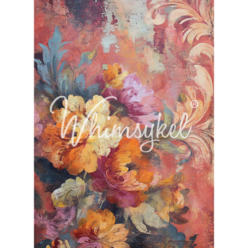 Colorful floral design with 'Whimsykel' branding on a textured background