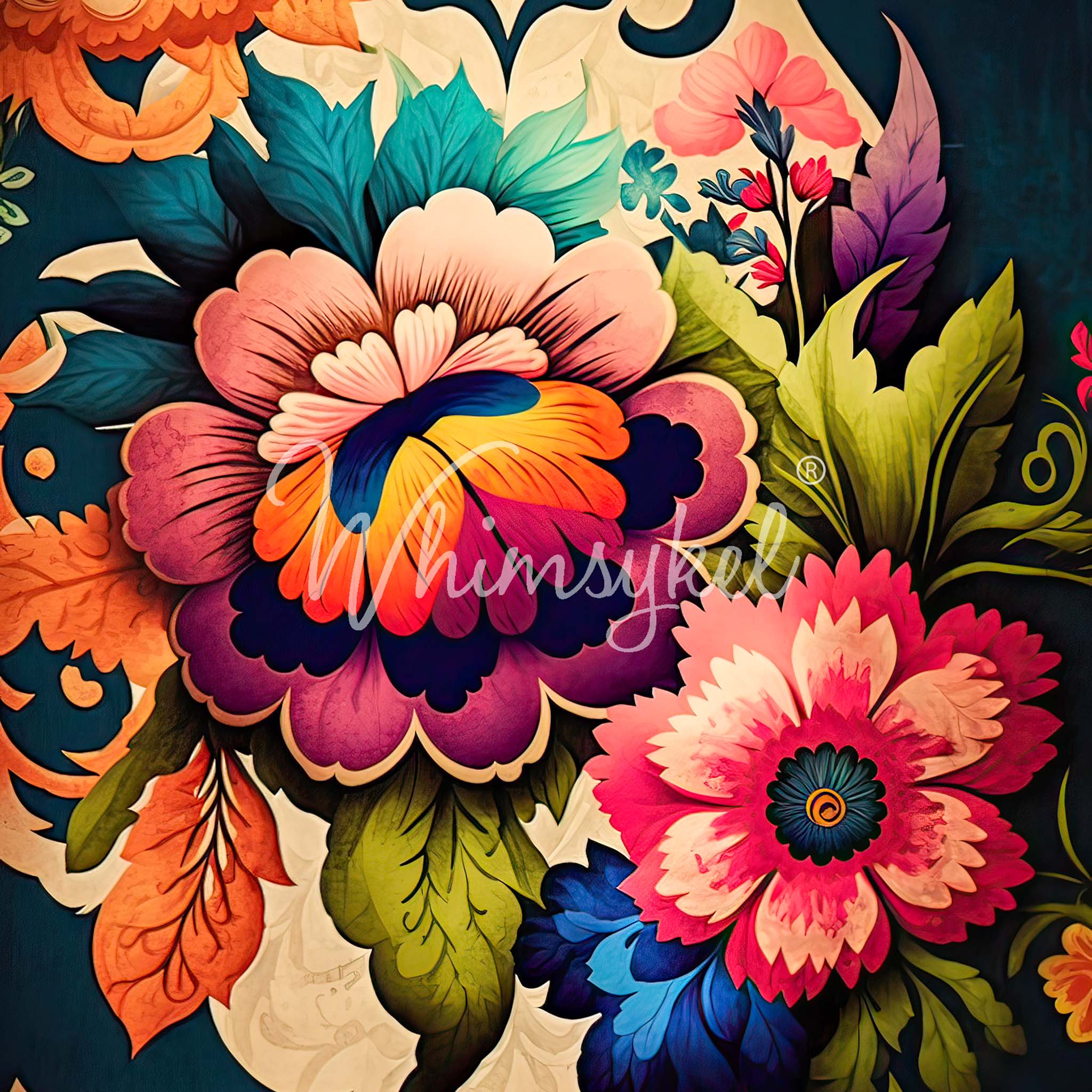 A close-up of a tissue paper design that features a colorful and vibrant representation of boho-inspired flowers that exude a playful and cheerful vibe.