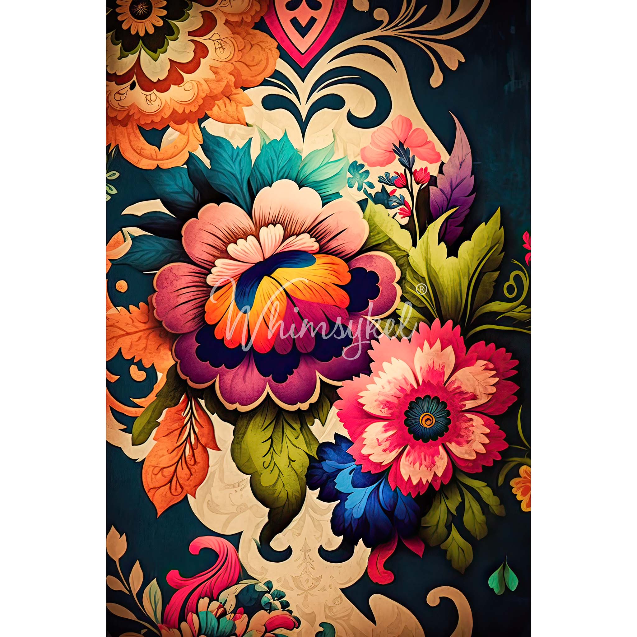 A tissue paper design that features a colorful and vibrant representation of boho-inspired flowers that exude a playful and cheerful vibe. White borders are on the sides.