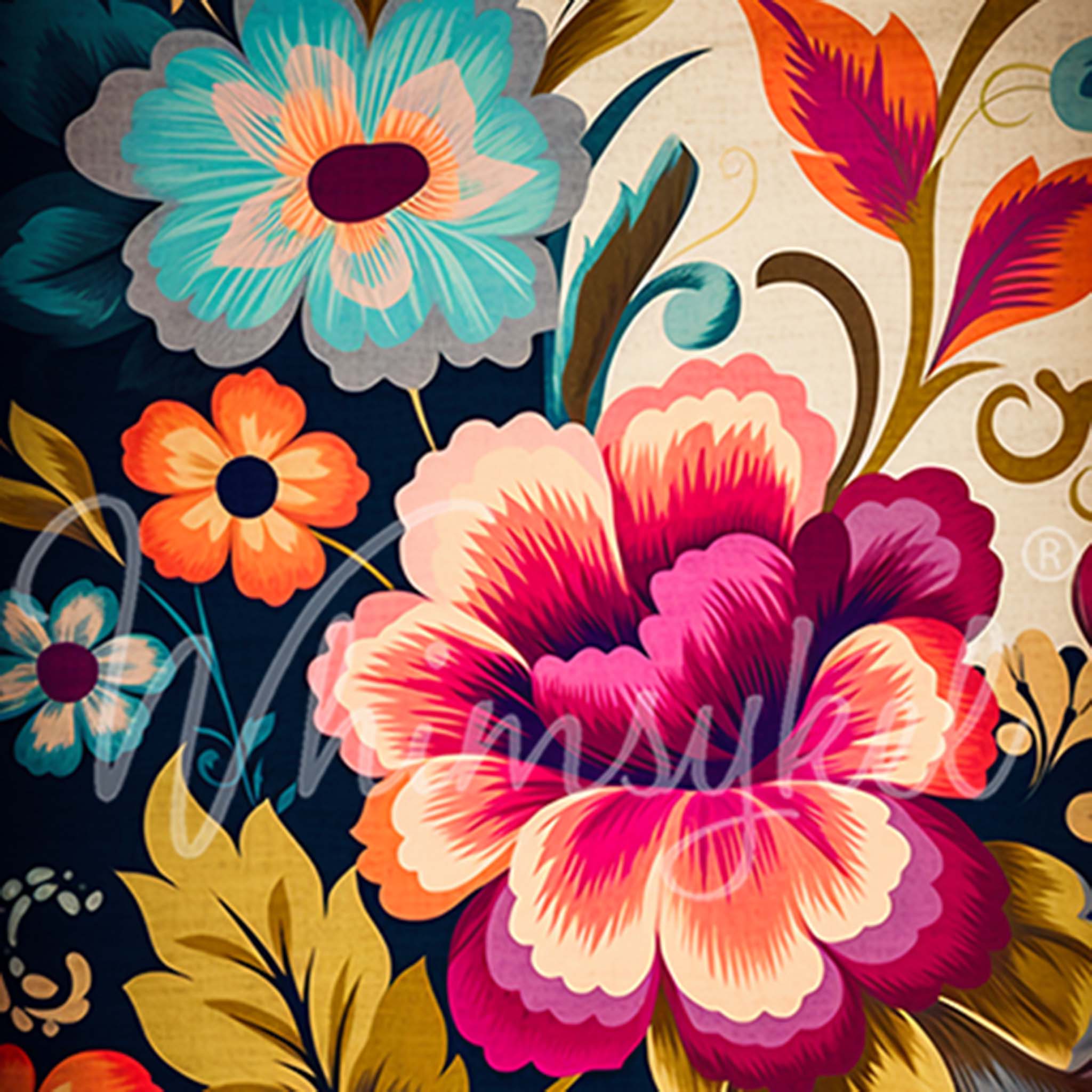 Close-up of a tissue paper design that features a deep blue and cream colored background with an array of bright colorful flowers.