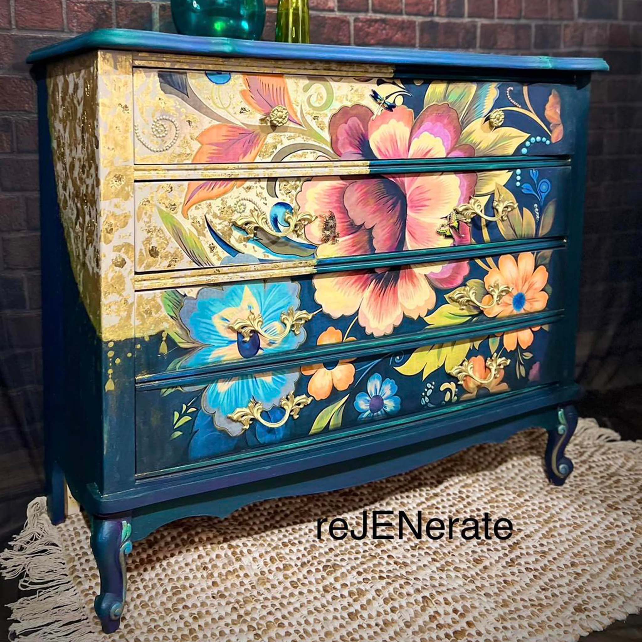 A vintage 4-drawer dresser refurbished by reJENerate is painted dark blue and features Whimsykel's Boho Flowers Duet tissue paper on it.