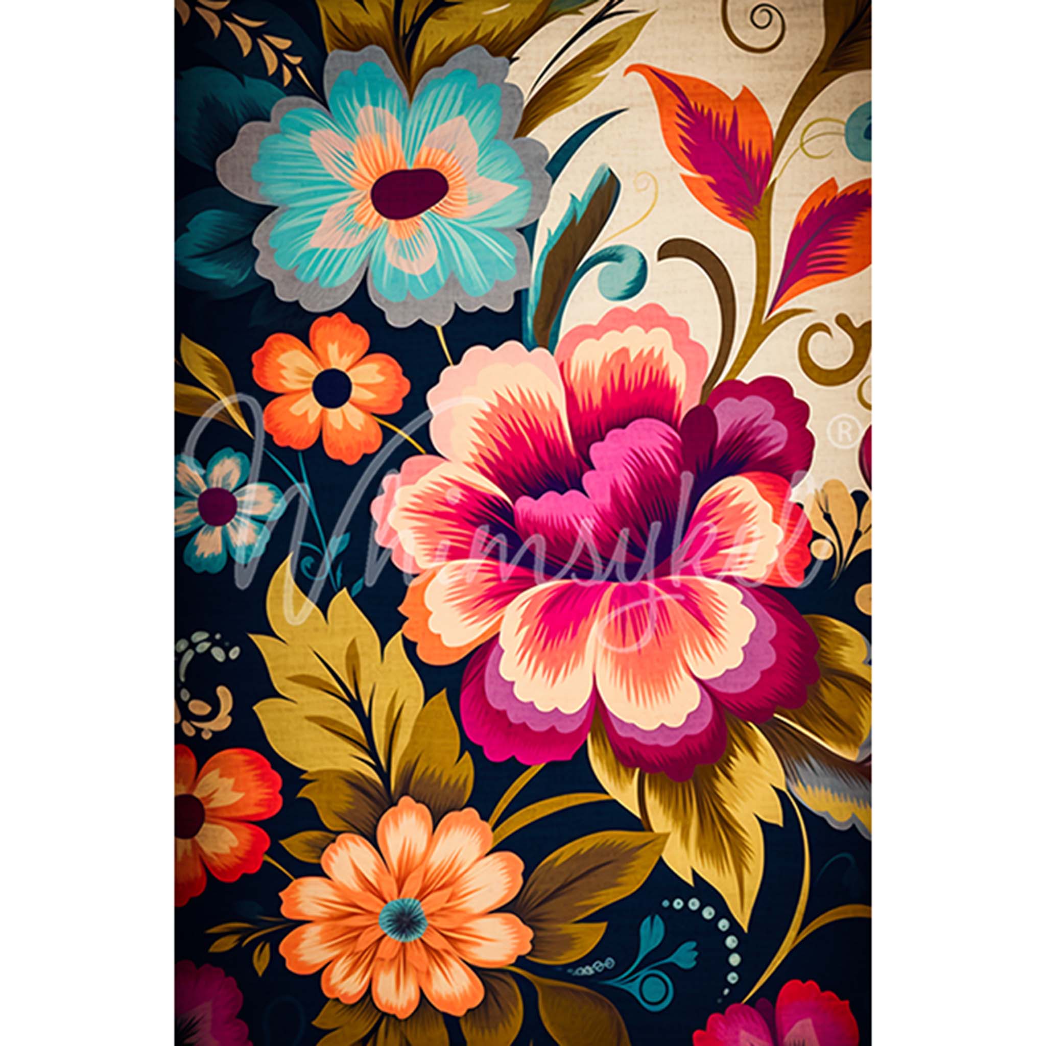 Tissue paper design that features a deep blue and cream colored background with an array of bright colorful flowers. White borders are on the sides.