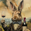 Illustration of a rabbit in a suit holding a glass of wine with a bottle labeled 'Whimsykel'.