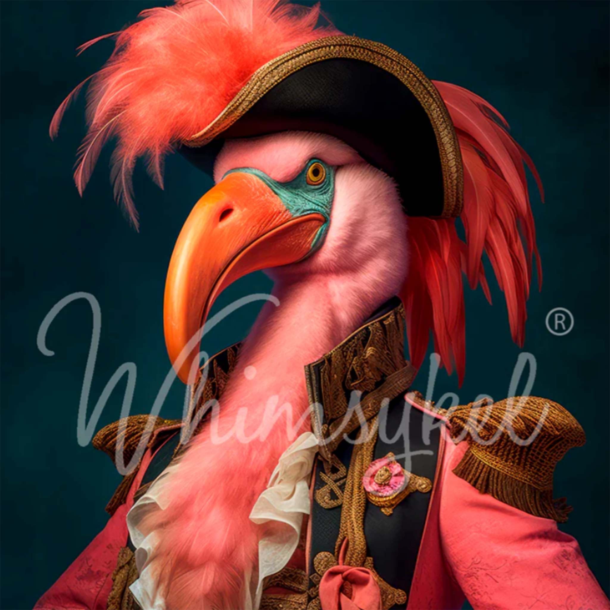 Close-up of a tissue paper design that features a flamingo in a pirate captain outfit and hat.