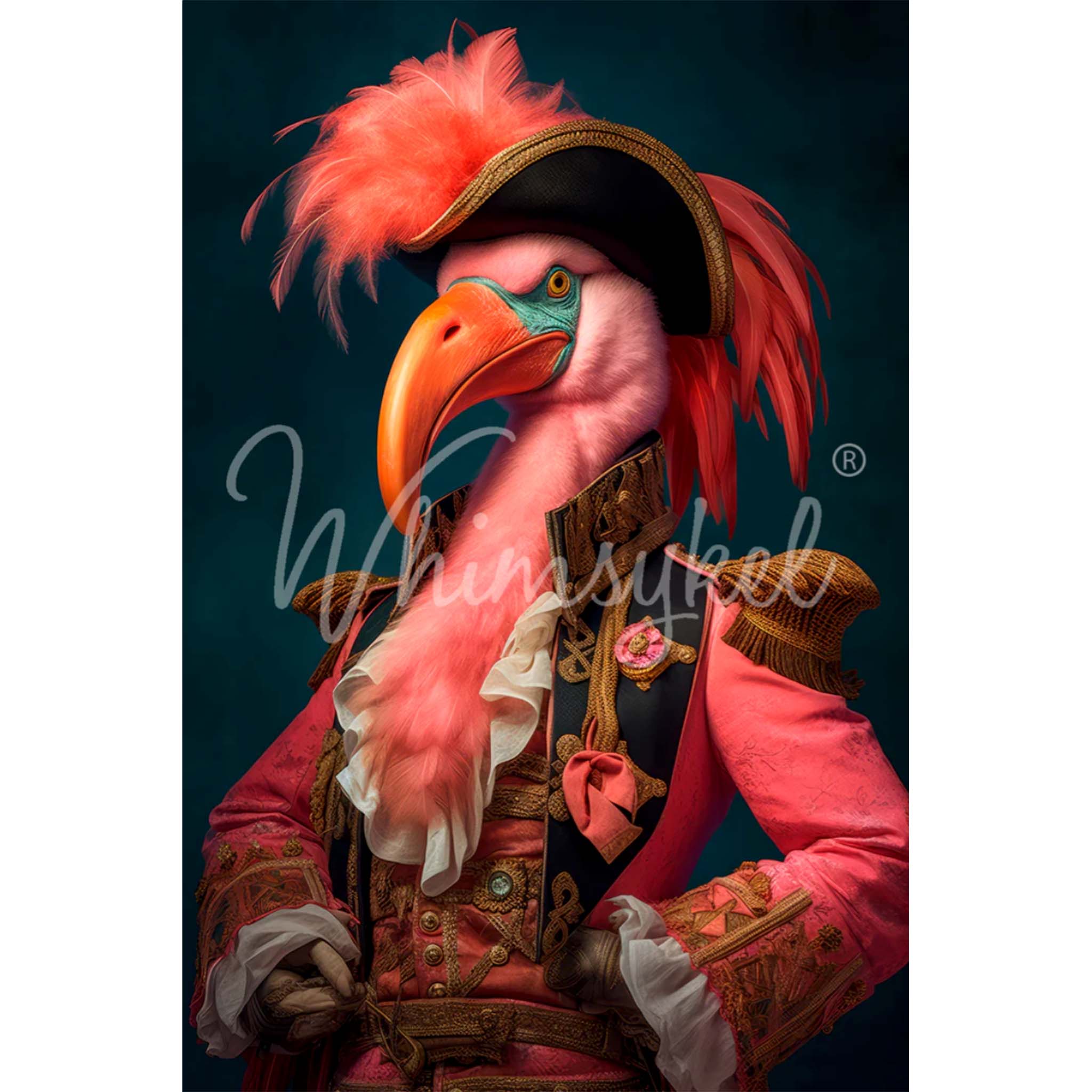 Tissue paper design that features a flamingo in a pirate captain outfit and hat. White borders are on the sides.