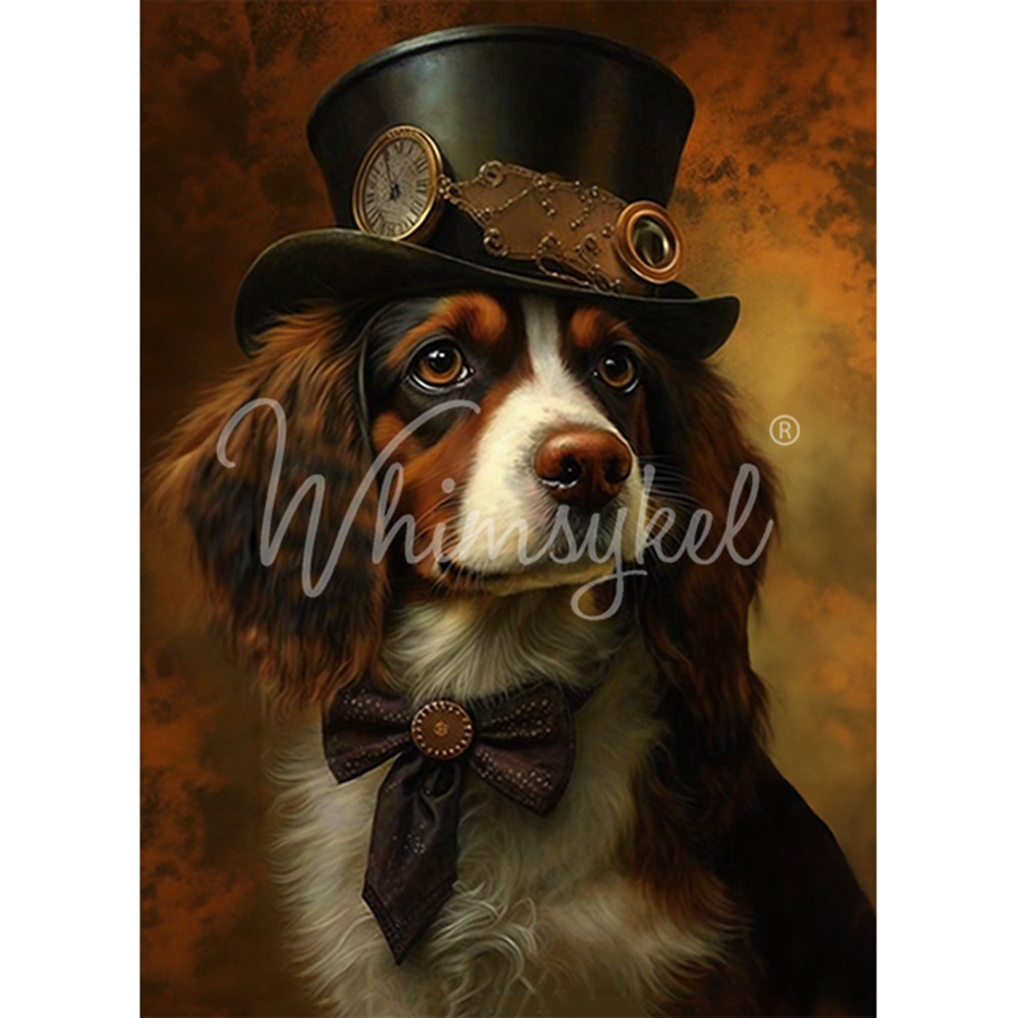 Tissue paper design featuring a charming steampunk pup adorned in a dapper hat and bowtie against a rusty orange background. White borders are on the sides.