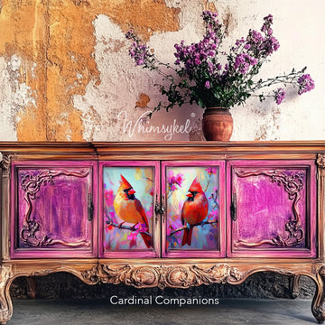 A vintage buffet table features Whimsykel's Cardinal Companions tissue paper on its 2 center doors.