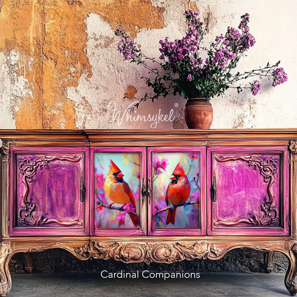 A vintage buffet table features Whimsykel's Cardinal Companions tissue paper on its 2 center doors.
