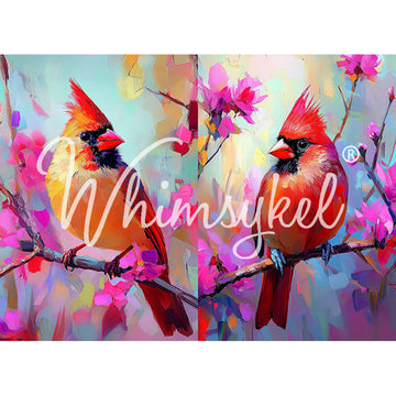 Tissue paper featuring dual paintings of left-facing and right-facing cardinal birds on pink flowering branches against soft blue backgrounds.