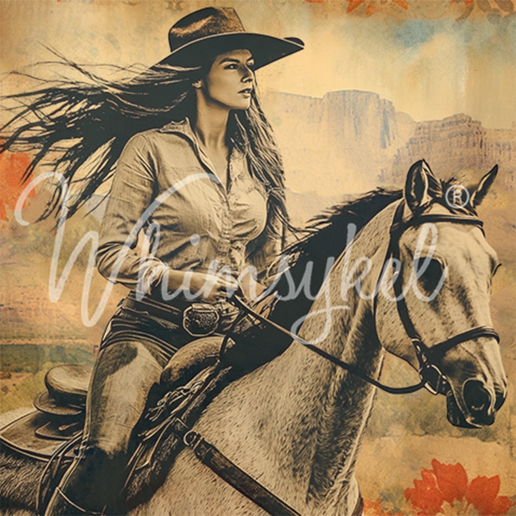 Close-up of a sepia colored tissue paper design featuring a cowgirl on her galloping horse with hints of red flowers against a desert landscape. 