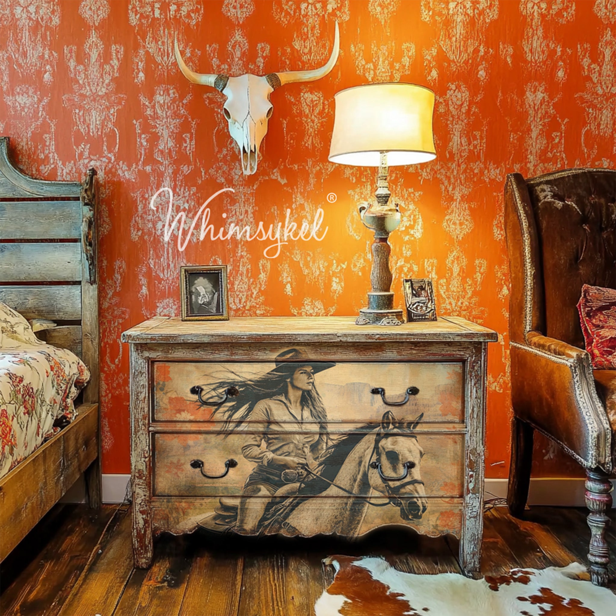 A vintage 2-drawer dresser features Whimsykel's Chasing Horizons tissue paper on the front.