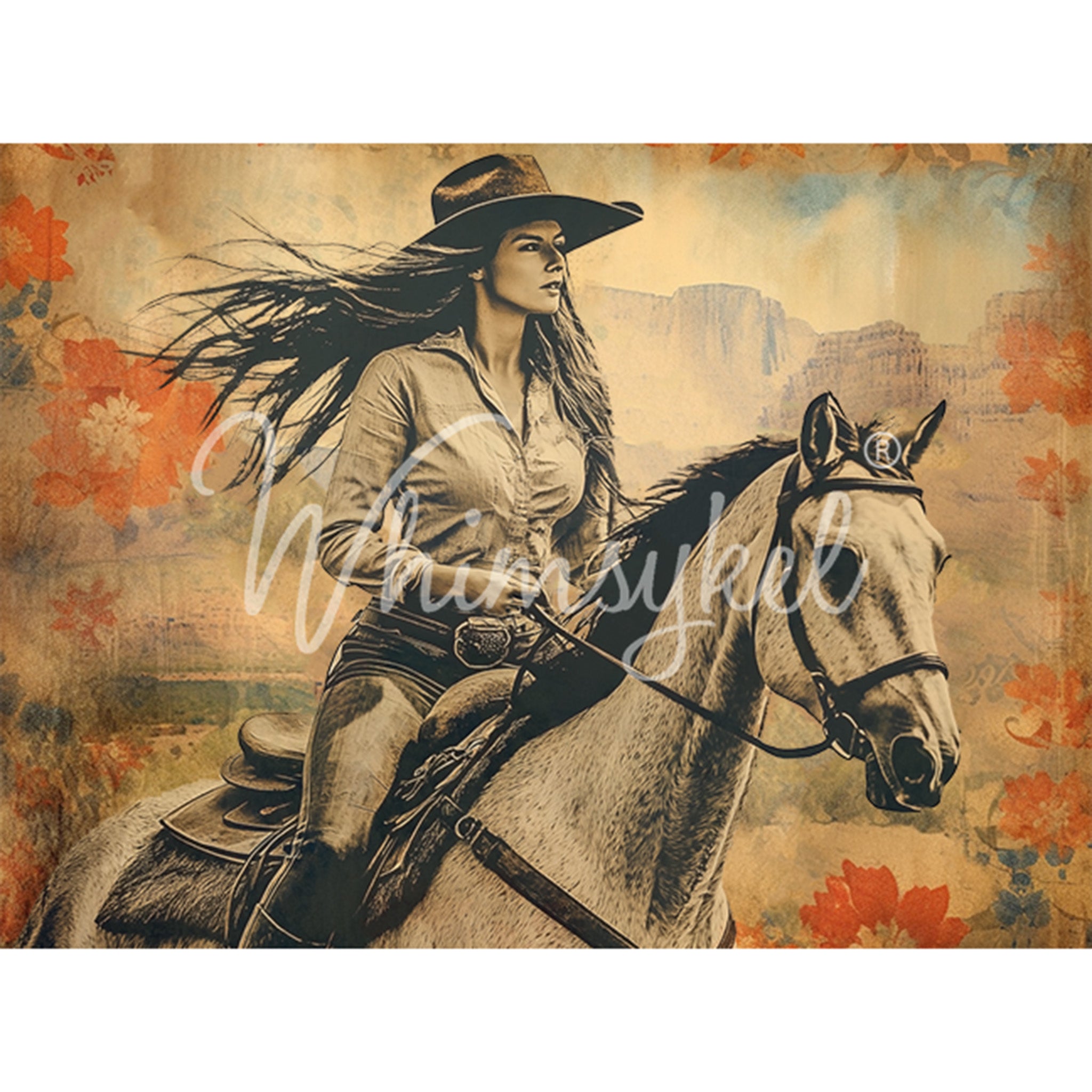 Tissue paper featuring a sepia colored design of a cowgirl on her galloping horse with hints of red flowers against a desert landscape. White borders are on the top and bottom. 