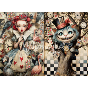 Whimsykel Chester & The Queen 21x29 tissue decoupage paper for furniture with Queen of Hearts portrait, grinning Cheshire cat, playing cards, clocks, and checkerboard