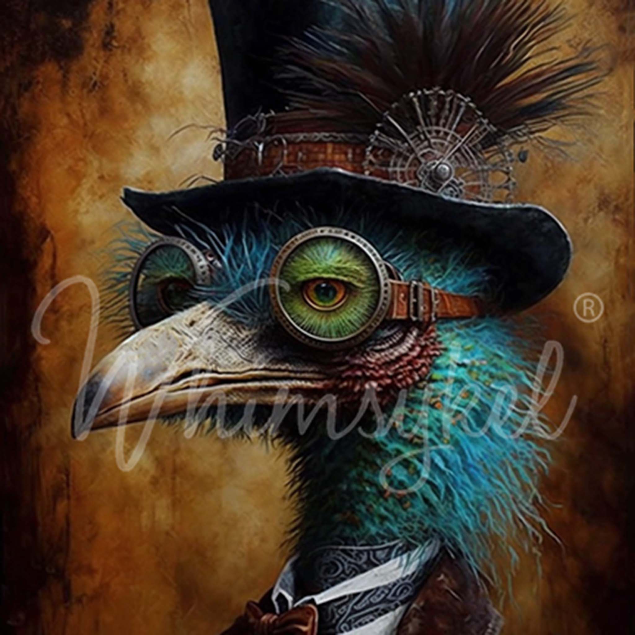 Close-up of a tissue paper that features an eccentric vision where a regal ostrich dons the attire of the Steampunk era. 